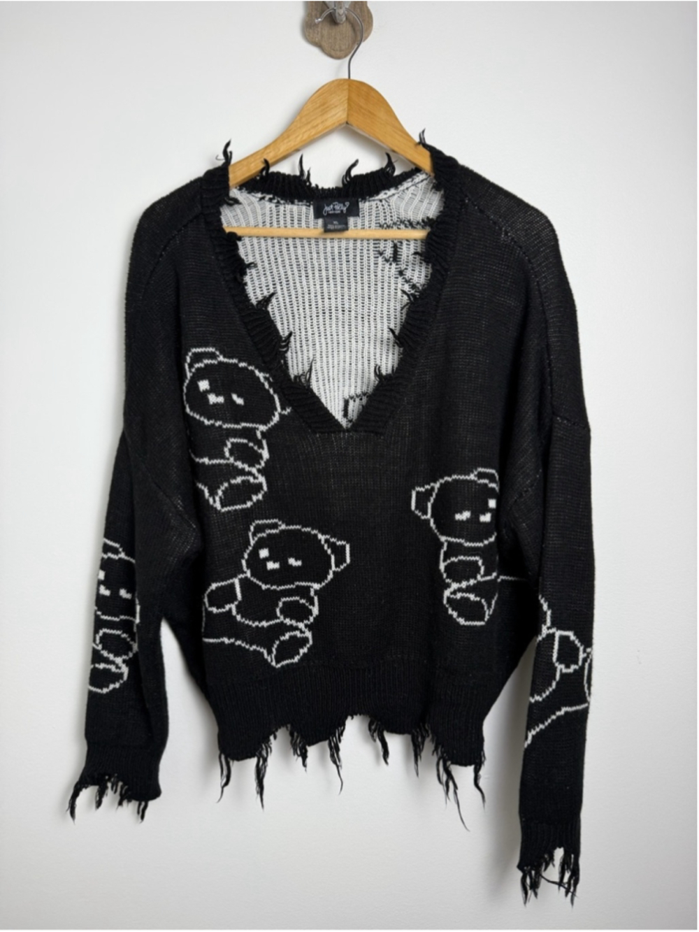 Just Polly Teddy Bear Distressed Knit Sweater XL Y2K Grunge